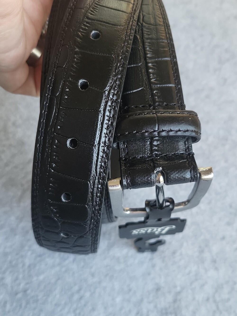 BASS Dress Belt Mens 40 Black Crocodile Embossed Pattern Silver Buckle NEW